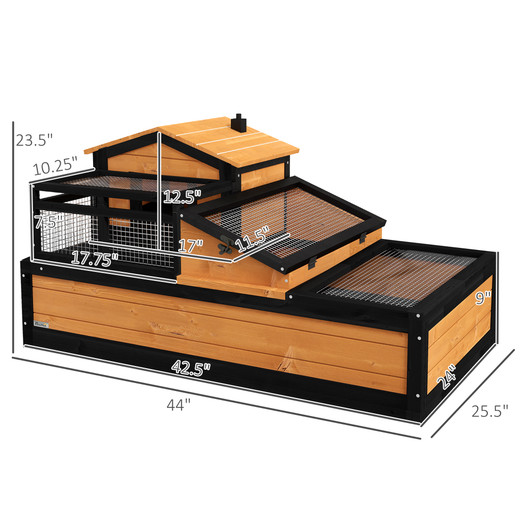 A2ZHOME PawHut 3-Room Tortoise House Habitat with Balcony & 2 Stories, Indoor/Outdoor Wooden Tortoise Enclosure with Ladder, Tray, Openable Roof, Large Reptile Cage, 44" x 25.5" x 23", Yellow