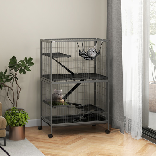 A2ZHOME PawHut 50" 5-Tier Small Animal Cage, Ferret Cage, Large Chinchilla Cage with Hammock Accessory & Heavy-Duty Steel Wire, Small Animal Habitat with 4 Doors, Removable Tray, Gray