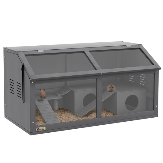 A2ZHOME PawHut Wooden Hamster Cage, Hamster Habitat, Small Animal Cage Playhouse for Gerbils Mice with Suspension Bridge, Ladders, Openable Top, Hut, 33.5" x 18" x 17"
