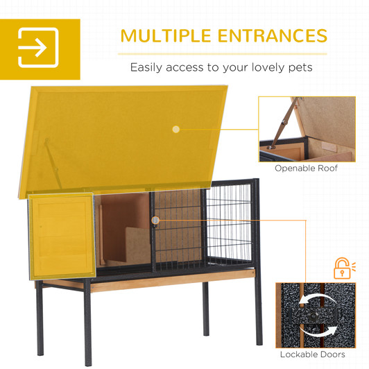 A2ZHOME PawHut Rabbit Hutch Elevated Bunny Cage Small Animal Habitat with Metal Frame, No Leak Tray, Mtetal Wire Pan and Openable Water-Resistant Asphalt Roof for Indoor/Outdoor Natural Wood