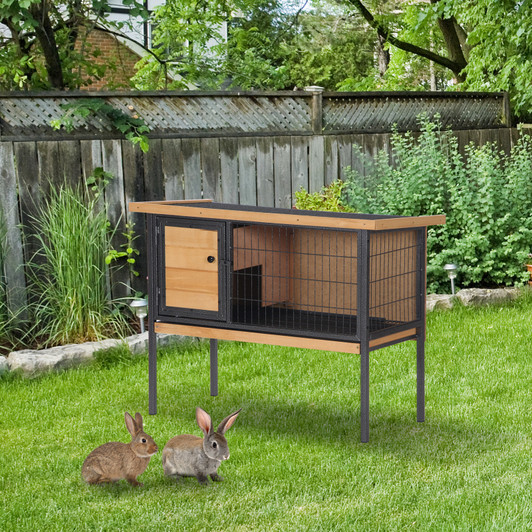 A2ZHOME PawHut Rabbit Hutch Elevated Bunny Cage Small Animal Habitat with Metal Frame, No Leak Tray, Mtetal Wire Pan and Openable Water-Resistant Asphalt Roof for Indoor/Outdoor Natural Wood
