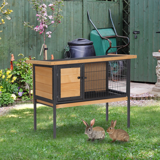 A2ZHOME PawHut Rabbit Hutch Elevated Bunny Cage Small Animal Habitat with Metal Frame, No Leak Tray, Mtetal Wire Pan and Openable Water-Resistant Asphalt Roof for Indoor/Outdoor Natural Wood