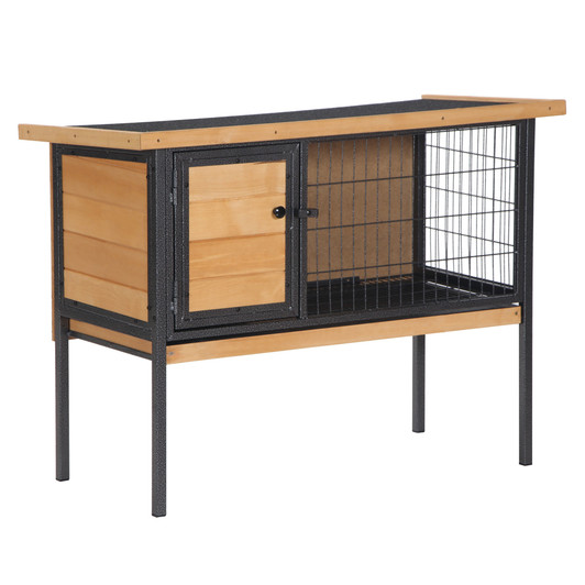 A2ZHOME PawHut Rabbit Hutch Elevated Bunny Cage Small Animal Habitat with Metal Frame, No Leak Tray, Mtetal Wire Pan and Openable Water-Resistant Asphalt Roof for Indoor/Outdoor Natural Wood