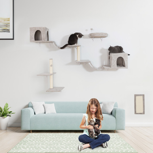 A2ZHOME Wall-mounted Cat Tree, Cat Furniture with 2 Cat Condos House, 3 Cat Wall Shelves, 2 Ladder, 1 Cat Perch, Sisal Cat Scratching Posts and Pad
