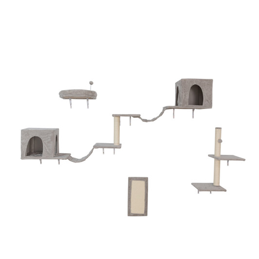 A2ZHOME Wall-mounted Cat Tree, Cat Furniture with 2 Cat Condos House, 3 Cat Wall Shelves, 2 Ladder, 1 Cat Perch, Sisal Cat Scratching Posts and Pad