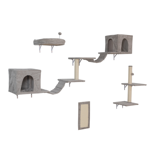 A2ZHOME Wall-mounted Cat Tree, Cat Furniture with 2 Cat Condos House, 3 Cat Wall Shelves, 2 Ladder, 1 Cat Perch, Sisal Cat Scratching Posts and Pad