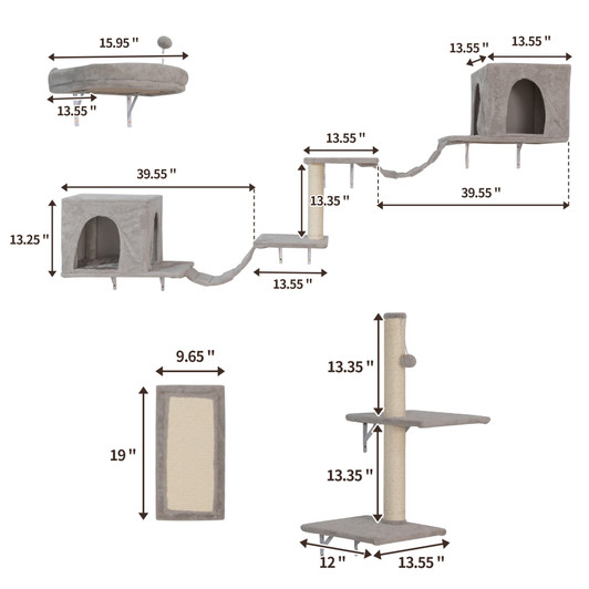 A2ZHOME Wall-mounted Cat Tree, Cat Furniture with 2 Cat Condos House, 3 Cat Wall Shelves, 2 Ladder, 1 Cat Perch, Sisal Cat Scratching Posts and Pad