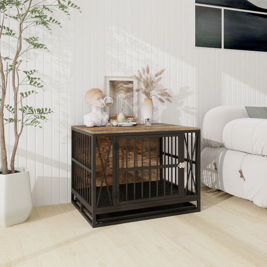 A2ZHOME Dog Crate Furniture, 32.67 Inches Dog Kennel for Dogs up to 70 lb, with Removable Tray, Heavy-Duty Dog Cage End Table, Rustic Brown