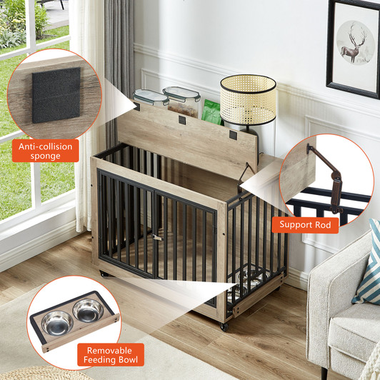 A2ZHOME Furniture Style Dog Crate Side Table With Feeding Bowl, Wheels, Three Doors, Flip-Up Top Opening. Indoor, Grey, 38.58"W x 25.2"D x 27.17"H