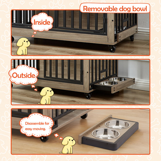 A2ZHOME Furniture Style Dog Crate Side Table With Feeding Bowl, Wheels, Three Doors, Flip-Up Top Opening. Indoor, Grey, 38.58"W x 25.2"D x 27.17"H