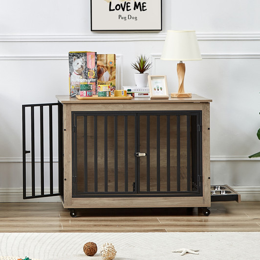 A2ZHOME Furniture Style Dog Crate Side Table With Feeding Bowl, Wheels, Three Doors, Flip-Up Top Opening. Indoor, Grey, 38.58"W x 25.2"D x 27.17"H