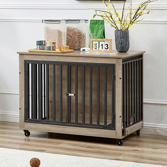 A2ZHOME Furniture Style Dog Crate Side Table With Feeding Bowl, Wheels, Three Doors, Flip-Up Top Opening. Indoor, Grey, 38.58"W x 25.2"D x 27.17"H