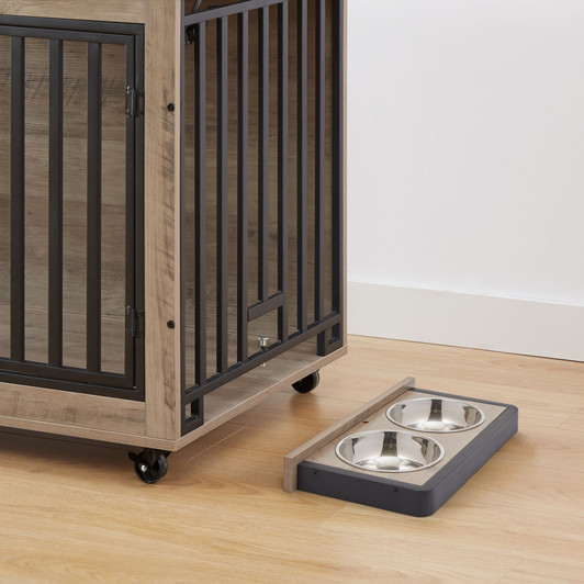 A2ZHOME Furniture Style Dog Crate Side Table With Feeding Bowl, Wheels, Three Doors, Flip-Up Top Opening. Indoor, Grey, 38.58"W x 25.2"D x 27.17"H