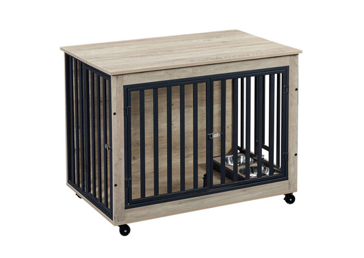 A2ZHOME Furniture Style Dog Crate Side Table With Feeding Bowl, Wheels, Three Doors, Flip-Up Top Opening. Indoor, Grey, 38.58"W x 25.2"D x 27.17"H