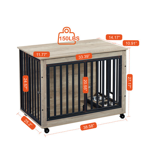 A2ZHOME Furniture Style Dog Crate Side Table With Feeding Bowl, Wheels, Three Doors, Flip-Up Top Opening. Indoor, Grey, 38.58"W x 25.2"D x 27.17"H