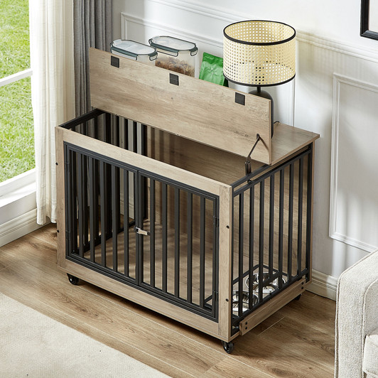 A2ZHOME Furniture Style Dog Crate Side Table With Feeding Bowl, Wheels, Three Doors, Flip-Up Top Opening. Indoor, Grey, 38.58"W x 25.2"D x 27.17"H