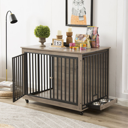 A2ZHOME Furniture Style Dog Crate Side Table With Feeding Bowl, Wheels, Three Doors, Flip-Up Top Opening. Indoor, Grey, 43.7"W x 30"D x 33.7"H