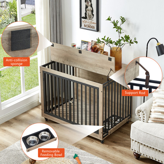 A2ZHOME Furniture Style Dog Crate Side Table With Feeding Bowl, Wheels, Three Doors, Flip-Up Top Opening. Indoor, Grey, 43.7"W x 30"D x 33.7"H