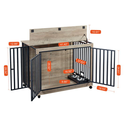 A2ZHOME Furniture Style Dog Crate Side Table With Feeding Bowl, Wheels, Three Doors, Flip-Up Top Opening. Indoor, Grey, 43.7"W x 30"D x 33.7"H