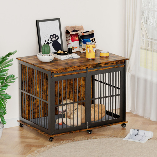 A2ZHOME Furniture dog crate sliding iron door dog crate with mat. (Rustic Brown,43.7''W x 30''D x 33.7''H).