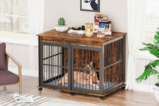 A2ZHOME Furniture dog crate sliding iron door dog crate with mat. (Rustic Brown,43.7''W x 30''D x 33.7''H).