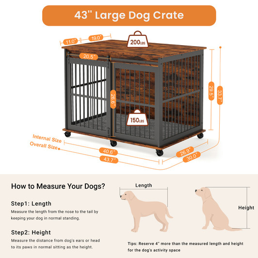 A2ZHOME Furniture dog crate sliding iron door dog crate with mat. (Rustic Brown,43.7''W x 30''D x 33.7''H).