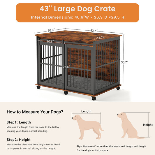 A2ZHOME Furniture dog crate sliding iron door dog crate with mat. (Rustic Brown,43.7''W x 30''D x 33.7''H).