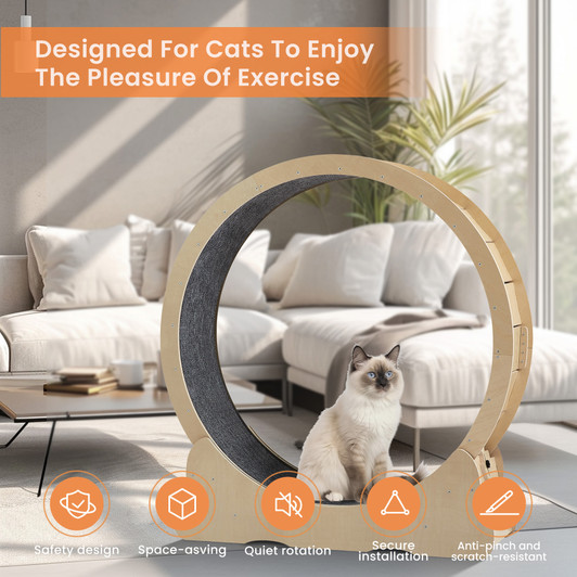 A2ZHOME Cat Exercise Wheel - Indoor Cat Treadmill with Carpeted Running Track, Safety Cat Treadmill with Latch, Weighted Wheel for Cats, Add Fun to Cat Exercise, Natural Wood Color, 39.4"L x 13.2"W x 41.3"H