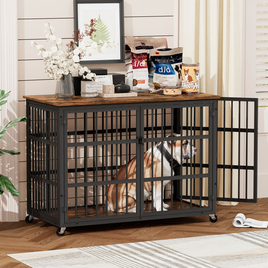 A2ZHOME Furniture style dog crate wrought iron frame door with side openings, Rustic Brown, 38.4''W x 27.7''D x 30.2''H.