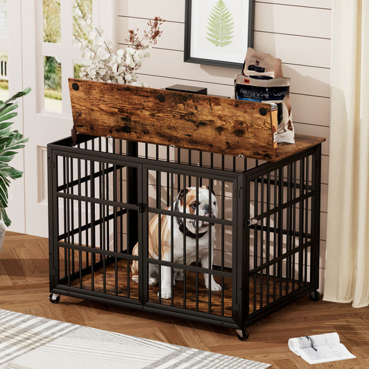 A2ZHOME Furniture style dog crate wrought iron frame door with side openings, Rustic Brown, 38.4''W x 27.7''D x 30.2''H.