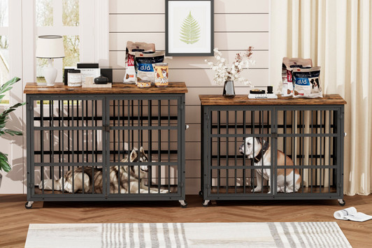 A2ZHOME Furniture style dog crate wrought iron frame door with side openings, Rustic Brown, 38.4''W x 27.7''D x 30.2''H.