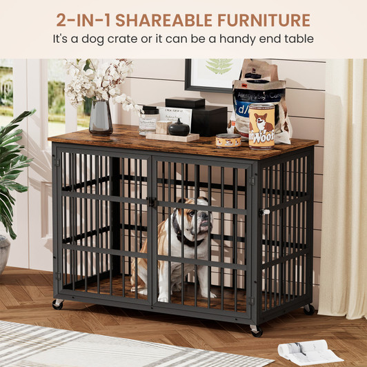 A2ZHOME Furniture style dog crate wrought iron frame door with side openings, Rustic Brown, 38.4''W x 27.7''D x 30.2''H.