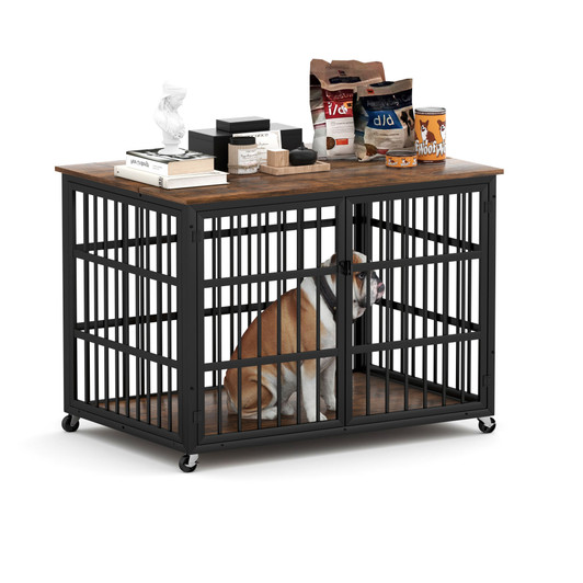 A2ZHOME Furniture style dog crate wrought iron frame door with side openings, Rustic Brown, 38.4''W x 27.7''D x 30.2''H.