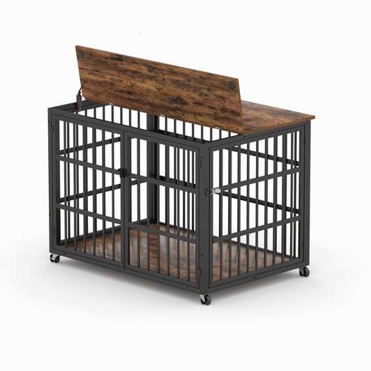 A2ZHOME Furniture style dog crate wrought iron frame door with side openings, Rustic Brown, 38.4''W x 27.7''D x 30.2''H.