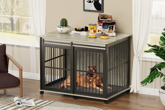 A2ZHOME Furniture dog crate sliding iron door dog crate with mat. (Grey,43.7''W x 30''D x 33.7''H)