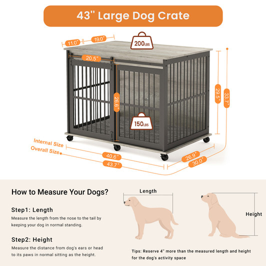 A2ZHOME Furniture dog crate sliding iron door dog crate with mat. (Grey,43.7''W x 30''D x 33.7''H)
