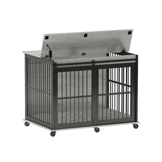 A2ZHOME Furniture dog crate sliding iron door dog crate with mat. (Grey,43.7''W x 30''D x 33.7''H)