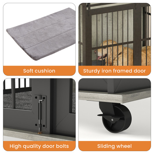 A2ZHOME Furniture dog crate sliding iron door dog crate with mat. (Grey,43.7''W x 30''D x 33.7''H)