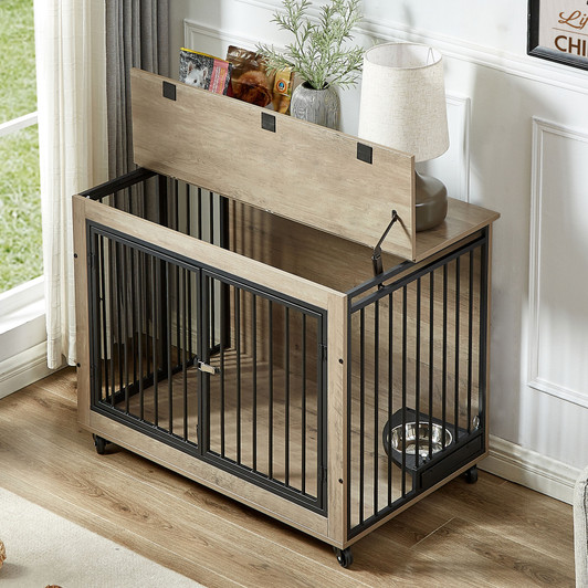 A2ZHOME Furniture Style Dog Crate Side Table With Rotatable Feeding Bowl, Wheels, Three Doors, Flip-Up Top Opening. Indoor, Grey, 38.58"W x 25.2"D x 27.17"H