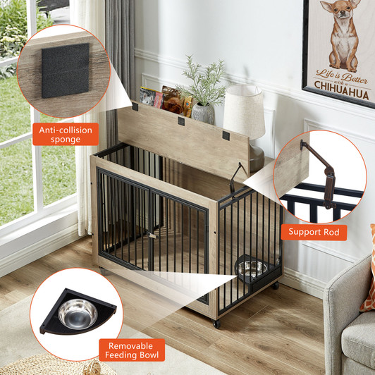 A2ZHOME Furniture Style Dog Crate Side Table With Rotatable Feeding Bowl, Wheels, Three Doors, Flip-Up Top Opening. Indoor, Grey, 38.58"W x 25.2"D x 27.17"H
