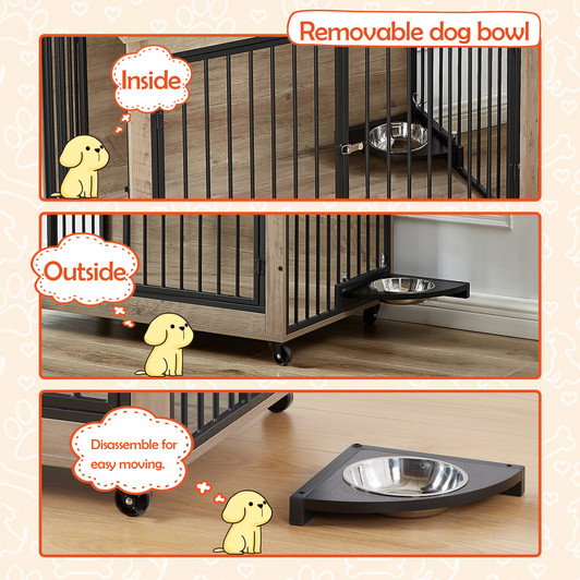 A2ZHOME Furniture Style Dog Crate Side Table With Rotatable Feeding Bowl, Wheels, Three Doors, Flip-Up Top Opening. Indoor, Grey, 38.58"W x 25.2"D x 27.17"H