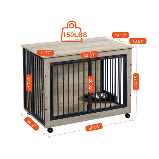 A2ZHOME Furniture Style Dog Crate Side Table With Rotatable Feeding Bowl, Wheels, Three Doors, Flip-Up Top Opening. Indoor, Grey, 38.58"W x 25.2"D x 27.17"H