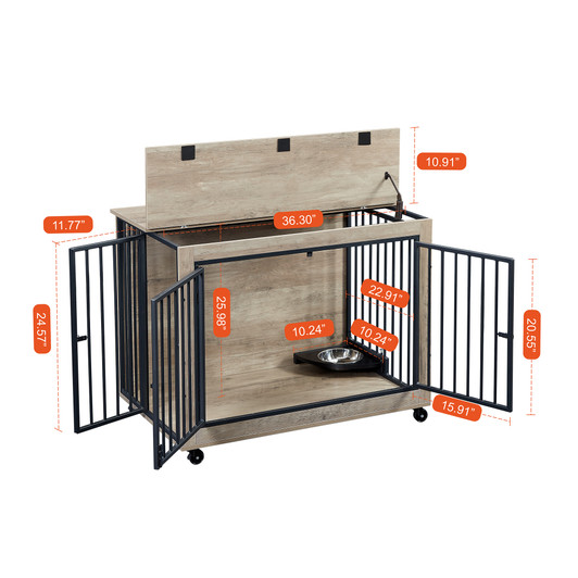 A2ZHOME Furniture Style Dog Crate Side Table With Rotatable Feeding Bowl, Wheels, Three Doors, Flip-Up Top Opening. Indoor, Grey, 38.58"W x 25.2"D x 27.17"H