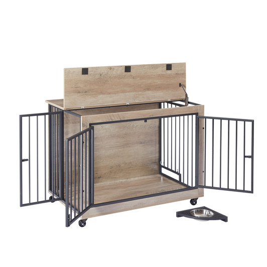 A2ZHOME Furniture Style Dog Crate Side Table With Rotatable Feeding Bowl, Wheels, Three Doors, Flip-Up Top Opening. Indoor, Grey, 38.58"W x 25.2"D x 27.17"H