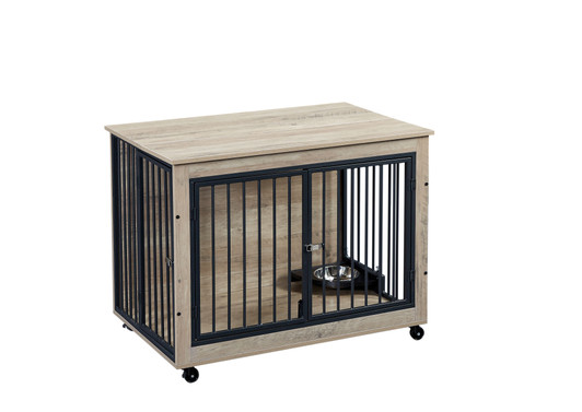 A2ZHOME Furniture Style Dog Crate Side Table With Rotatable Feeding Bowl, Wheels, Three Doors, Flip-Up Top Opening. Indoor, Grey, 38.58"W x 25.2"D x 27.17"H