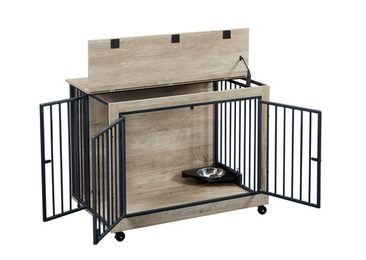 A2ZHOME Furniture Style Dog Crate Side Table With Rotatable Feeding Bowl, Wheels, Three Doors, Flip-Up Top Opening. Indoor, Grey, 38.58"W x 25.2"D x 27.17"H