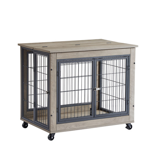 A2ZHOME Furniture Dog Cage Crate with Double Doors on Casters. Grey, 31.50'' W x 22.05'' D x 24.8'' H.