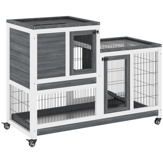 A2ZHOME PawHut Wooden Rabbit Hutch Elevated Bunny Cage Indoor Small Animal Habitat with Enclosed Run with Wheels, Ramp, Removable Tray Ideal for Guinea Pigs, Grey