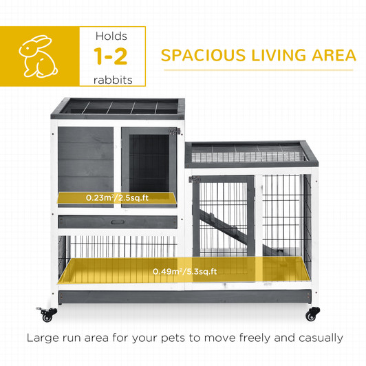 A2ZHOME PawHut Wooden Rabbit Hutch Elevated Bunny Cage Indoor Small Animal Habitat with Enclosed Run with Wheels, Ramp, Removable Tray Ideal for Guinea Pigs, Grey