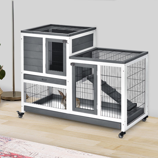 A2ZHOME PawHut Wooden Rabbit Hutch Elevated Bunny Cage Indoor Small Animal Habitat with Enclosed Run with Wheels, Ramp, Removable Tray Ideal for Guinea Pigs, Grey